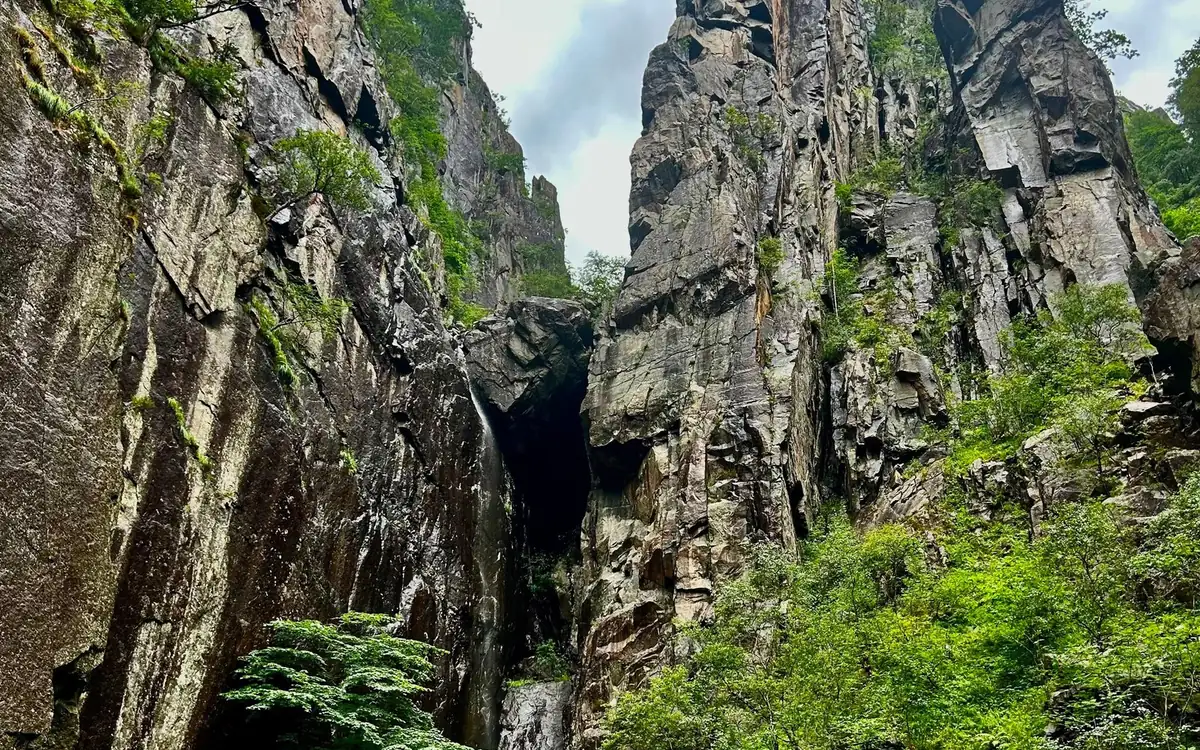 A dark cave mouth in a mossy cleft of grey rock