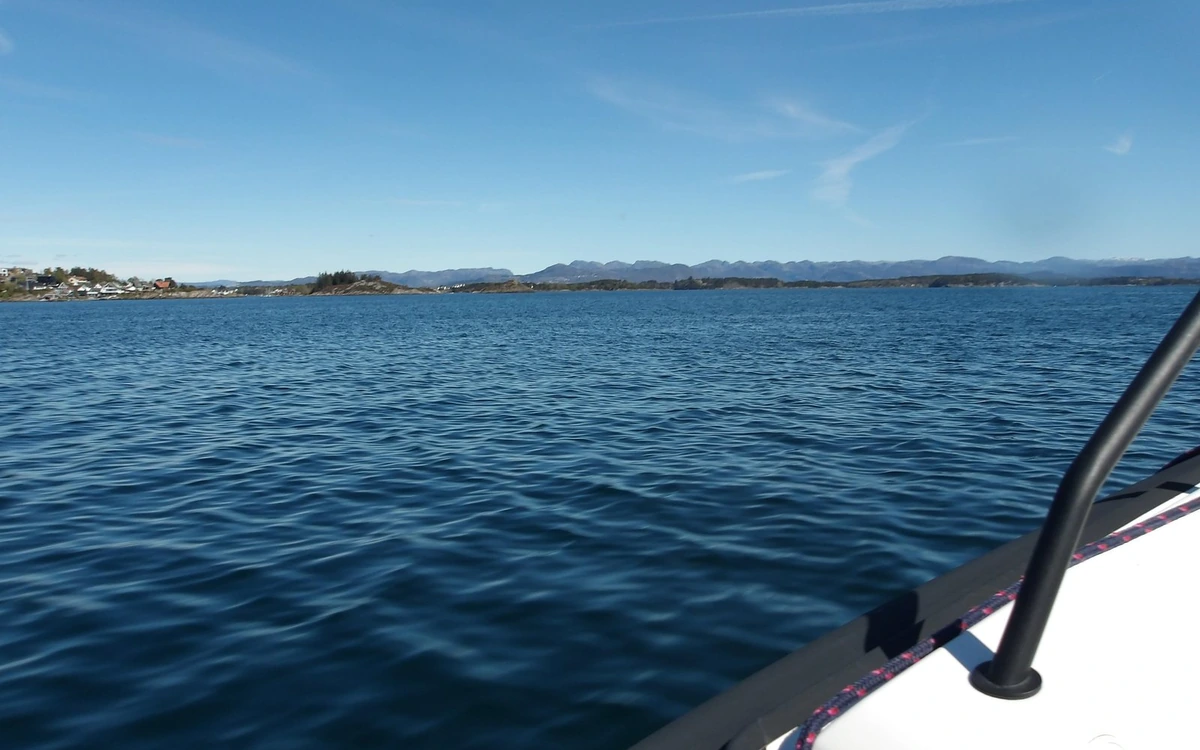 The side rail of a RIB boat skimming across open water