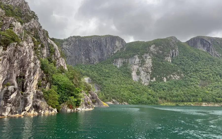 Grey cliffs and wooded slopes rising from green fjord water under a cloudy sky